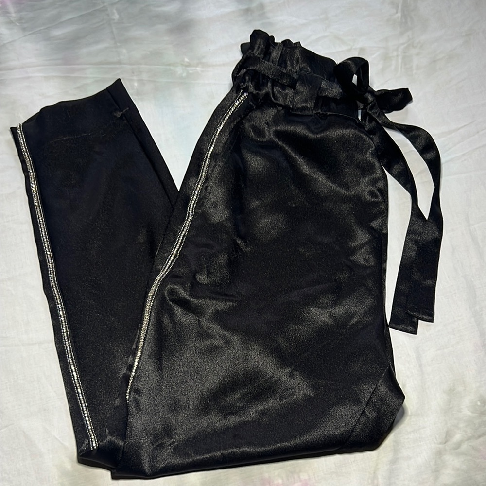 Express Black Satin Trousers with Silver Trim